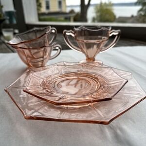 Lot Of 5 Glass Egg Harbor Liberty Works Pink Tea Cups, Plates,  & Sugar Bowl